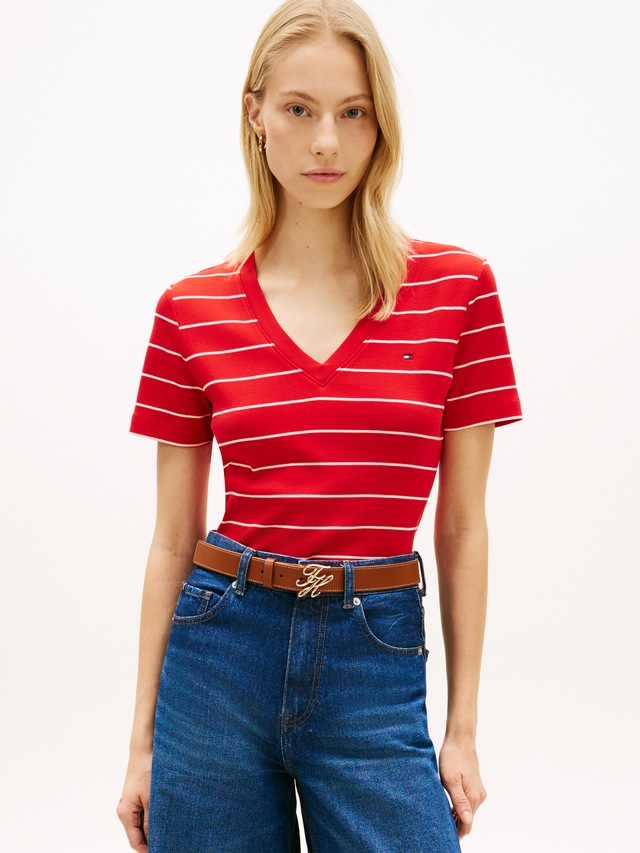 Tommy Hilfiger T-Shirt »SLIM CODY V-NECK SHORT SLEEVE« aus Baumwolle, Logostickerei, gestreift