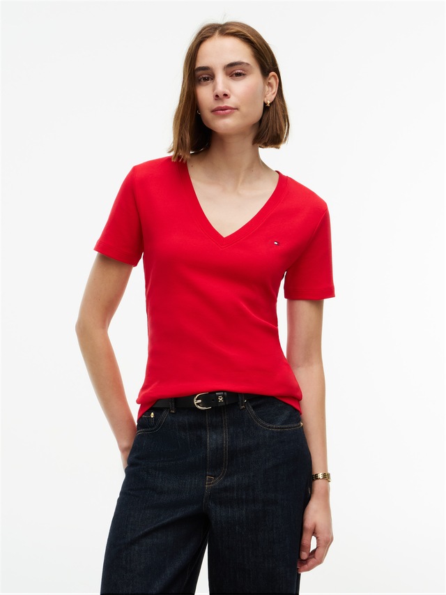 Tommy Hilfiger T-Shirt »SLIM CODY V-NECK SHORT SLEEVE« aus Baumwolle, Logostickerei, gestreift