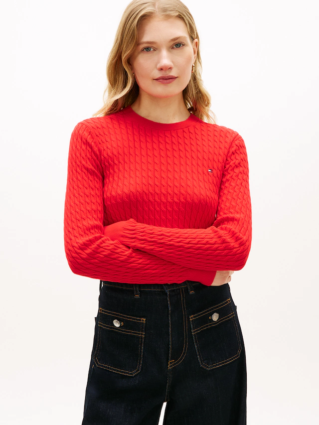 Tommy Hilfiger Rundhalspullover »CO CABLE C-NK LS SWEATER« Baumwolle, mit Zopfmuster, Regular Fit