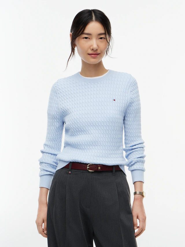 Tommy Hilfiger Rundhalspullover »CO CABLE C-NK LS SWEATER« Baumwolle, mit Zopfmuster, Regular Fit