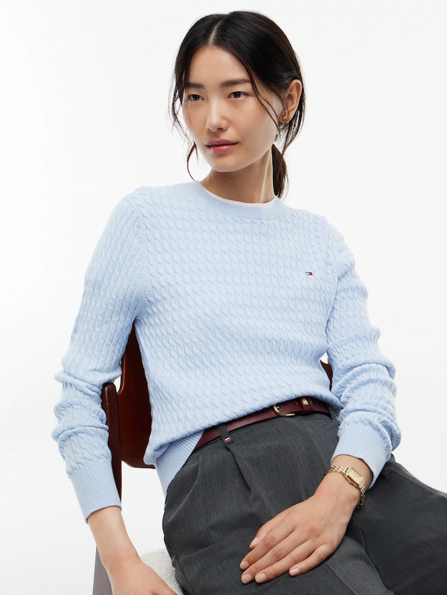 Tommy Hilfiger Rundhalspullover »CO CABLE C-NK LS SWEATER« Baumwolle, mit Zopfmuster, Regular Fit