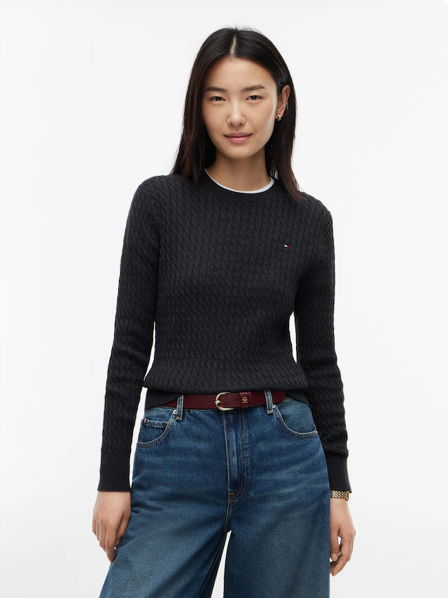 Tommy Hilfiger Rundhalspullover »CO CABLE C-NK LS SWEATER« Baumwolle, mit Zopfmuster, Regular Fit