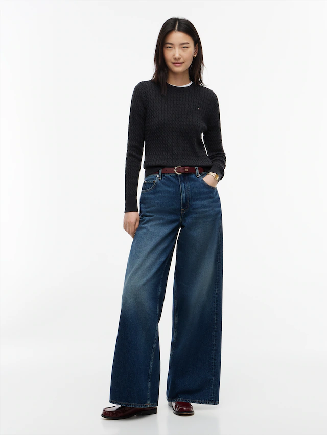 Tommy Hilfiger Rundhalspullover »CO CABLE C-NK LS SWEATER« Baumwolle, mit Zopfmuster, Regular Fit