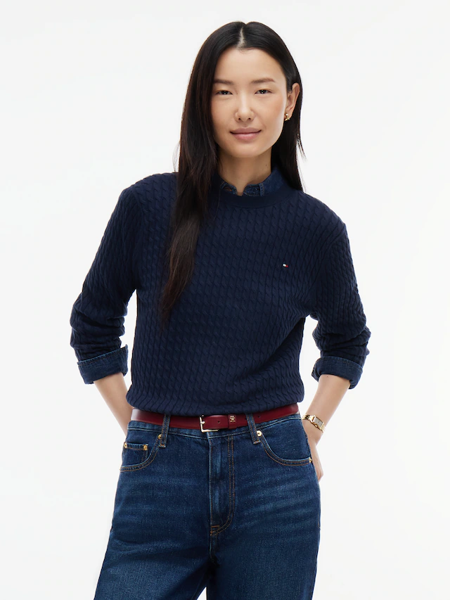 Tommy Hilfiger Rundhalspullover »CO CABLE C-NK LS SWEATER« Baumwolle, mit Zopfmuster, Regular Fit