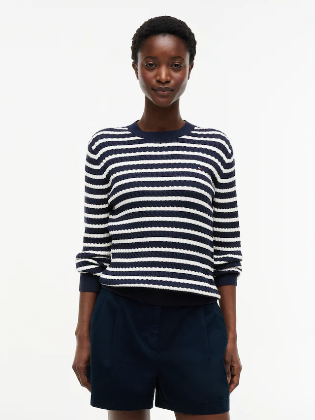 Tommy Hilfiger Rundhalspullover »CO CABLE C-NK LS SWEATER« Baumwolle, mit Zopfmuster, Regular Fit