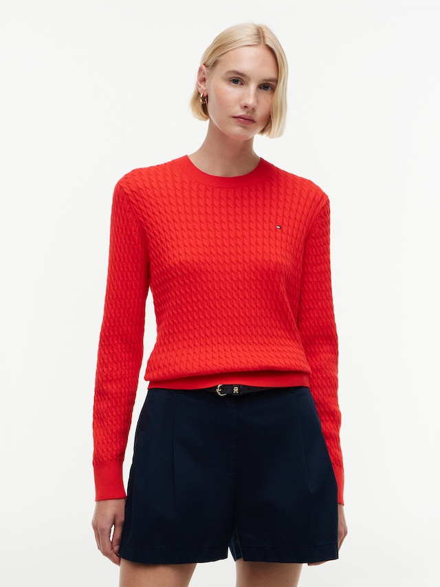 Tommy Hilfiger Rundhalspullover »CO CABLE C-NK LS SWEATER« Baumwolle, mit Zopfmuster, Regular Fit