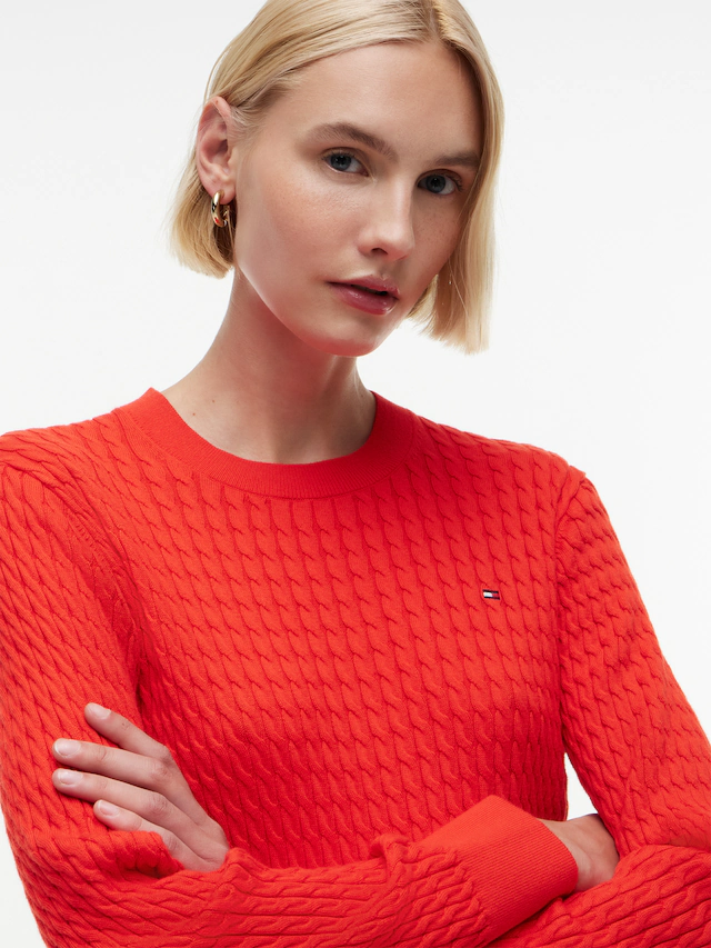 Tommy Hilfiger Rundhalspullover »CO CABLE C-NK LS SWEATER« Baumwolle, mit Zopfmuster, Regular Fit