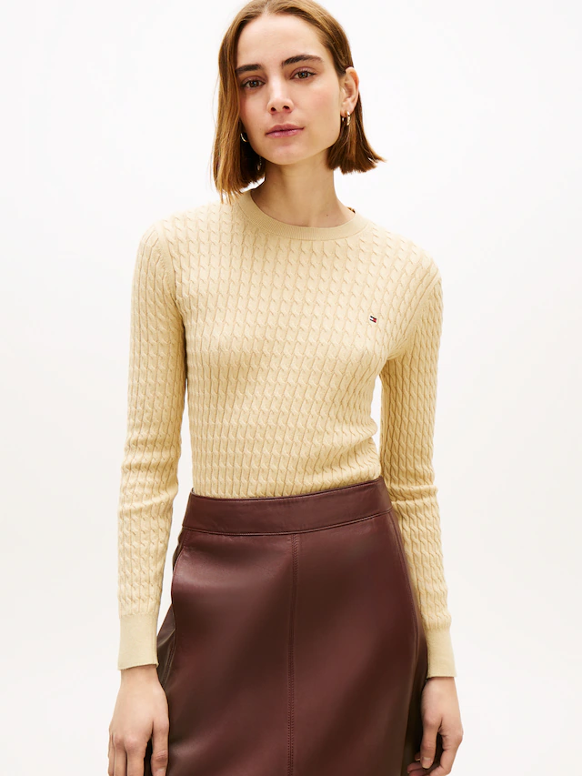Tommy Hilfiger Rundhalspullover »CO CABLE C-NK LS SWEATER« Baumwolle, mit Zopfmuster, Regular Fit