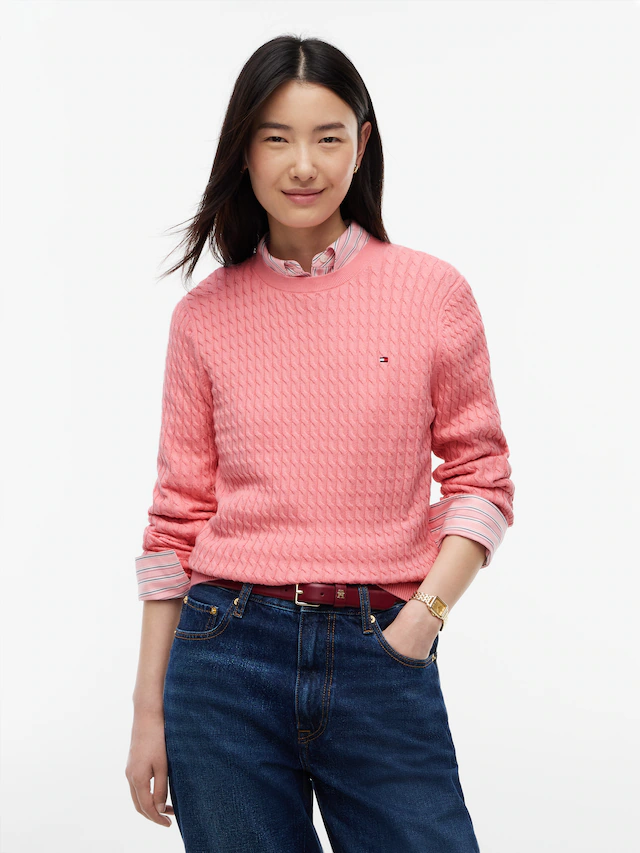 Tommy Hilfiger Rundhalspullover »CO CABLE C-NK LS SWEATER« Baumwolle, mit Zopfmuster, Regular Fit