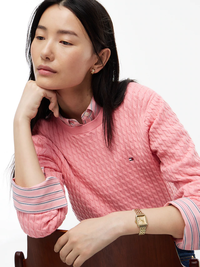 Tommy Hilfiger Rundhalspullover »CO CABLE C-NK LS SWEATER« Baumwolle, mit Zopfmuster, Regular Fit