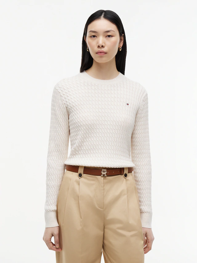 Tommy Hilfiger Rundhalspullover »CO CABLE C-NK LS SWEATER« Baumwolle, mit Zopfmuster, Regular Fit