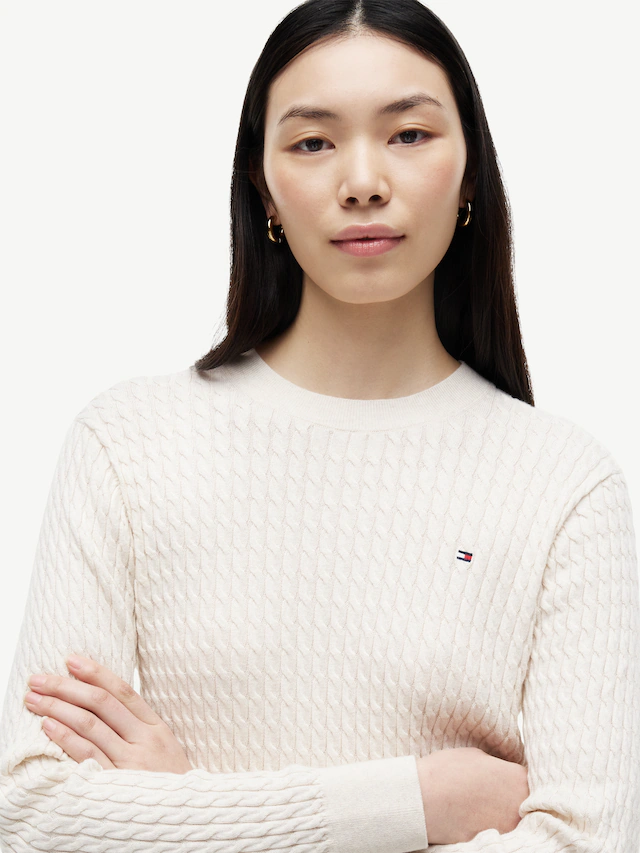 Tommy Hilfiger Rundhalspullover »CO CABLE C-NK LS SWEATER« Baumwolle, mit Zopfmuster, Regular Fit
