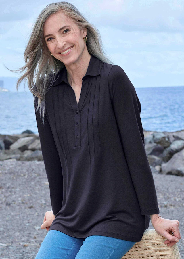 GOLDNER Langarmshirt »Kurzgröße Halbarm Blusenshirt mit Hemdkragen« Biesen