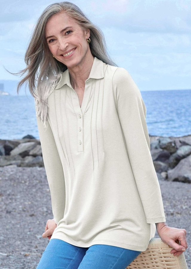 GOLDNER Langarmshirt »Kurzgröße Halbarm Blusenshirt mit Hemdkragen« Biesen
