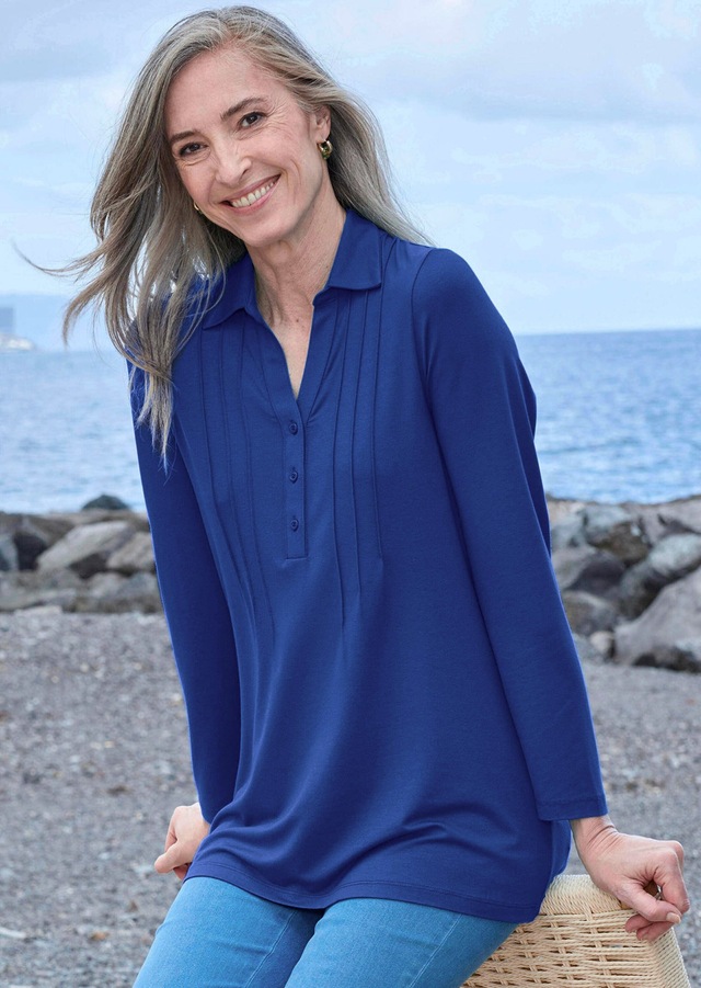 GOLDNER Langarmshirt »Kurzgröße Halbarm Blusenshirt mit Hemdkragen« Biesen