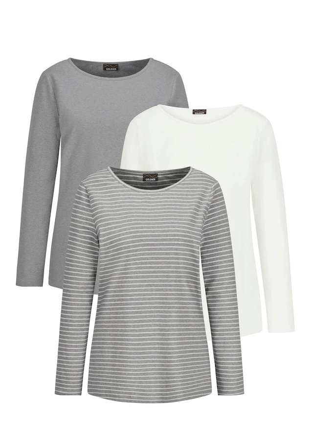 GOLDNER Kurzarmshirt »Langarm 3er-Baumwollshirt-Set« U-Boot-Ausschnitt