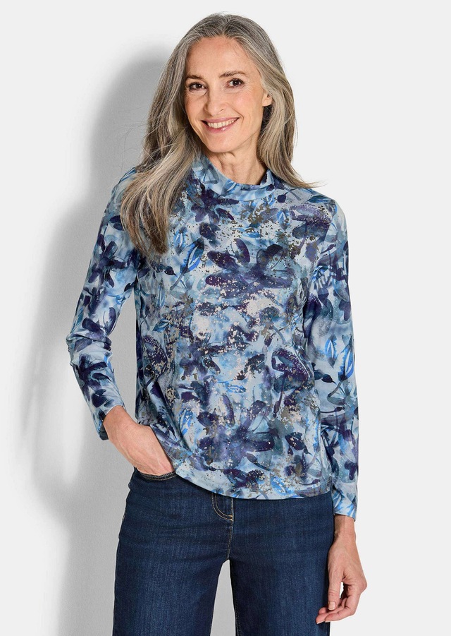 GOLDNER Kurzarmshirt »Kurzgröße Langarm Jersey-Shirt mit Allover-Druck« Stehbundkragen