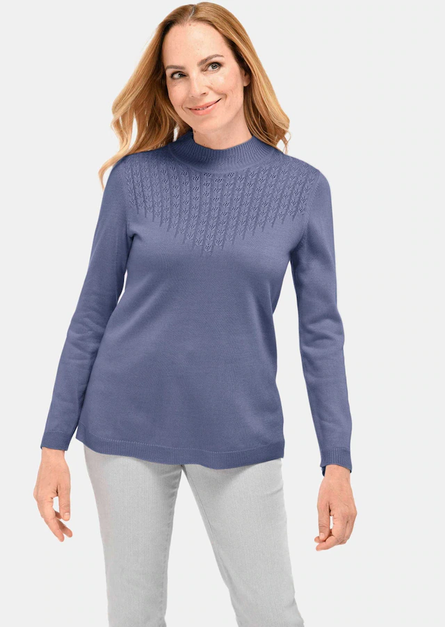 GOLDNER Rundhalspullover »Kurzgröße Eleganter Ajourpullover mit Stehbund« aufwendiger Ajourstrick in Zopfoptik