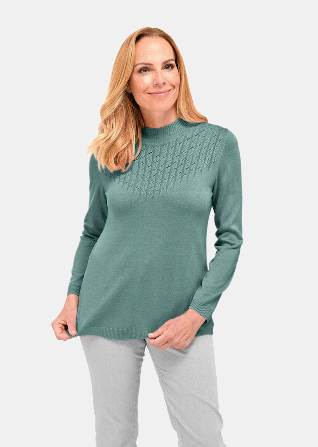 GOLDNER Rundhalspullover »Kurzgröße Eleganter Ajourpullover mit Stehbund« aufwendiger Ajourstrick in Zopfoptik