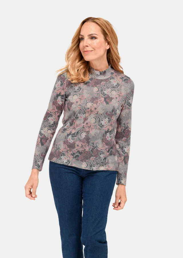 GOLDNER Rundhalspullover »Kurzgröße Floraler Strickpullover mit Stehkragen« hoher Baumwollanteil