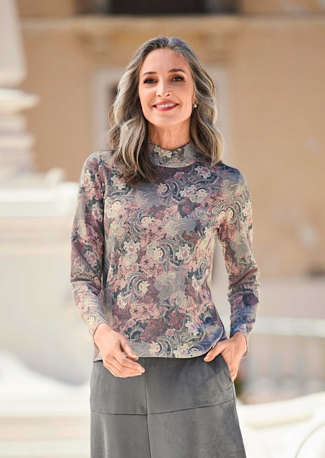 GOLDNER Rundhalspullover »Kurzgröße Floraler Strickpullover mit Stehkragen« hoher Baumwollanteil