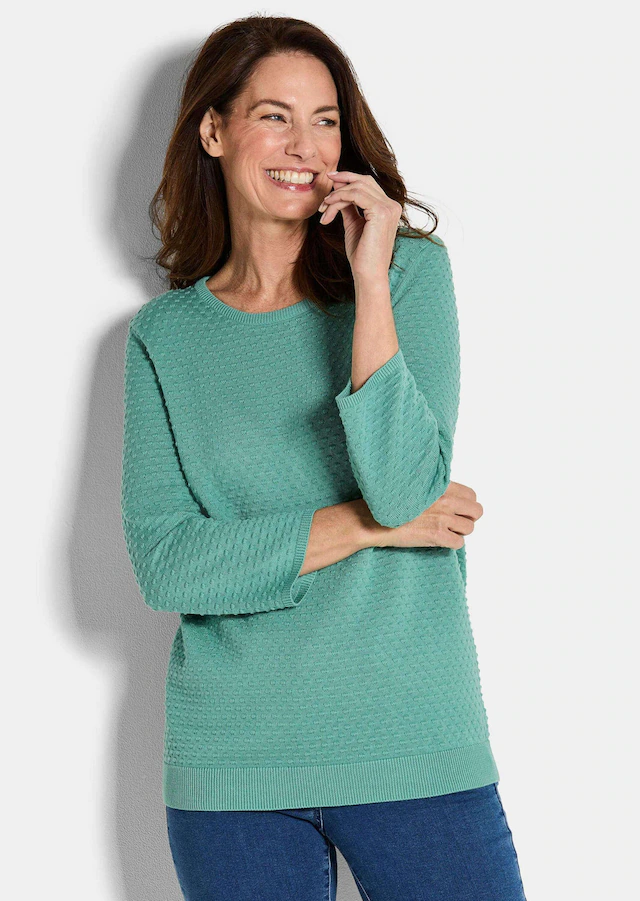 GOLDNER Rundhalspullover »Kurzgröße Halbarm Baumwollpullover mit Struktur« Rundhalsausschnitt