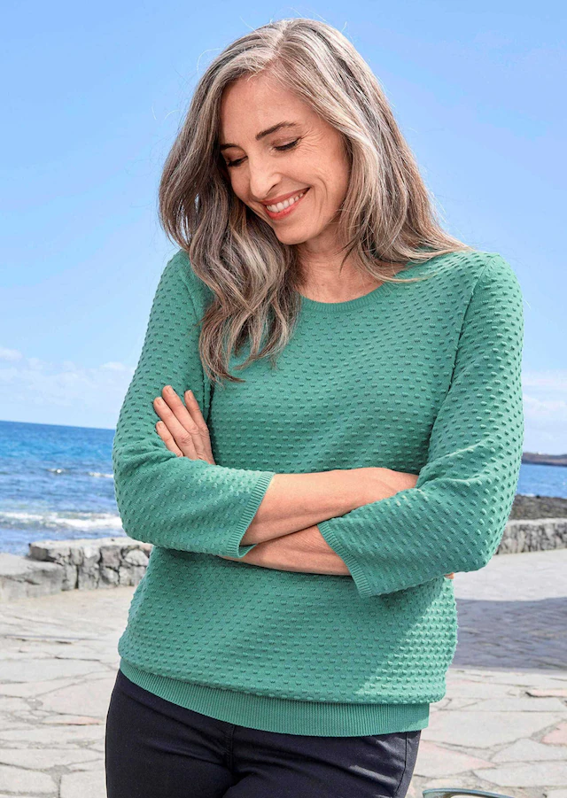 GOLDNER Rundhalspullover »Kurzgröße Halbarm Baumwollpullover mit Struktur« Rundhalsausschnitt