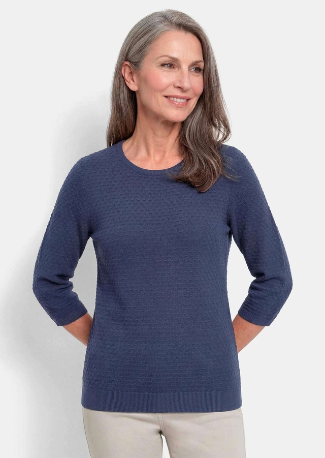 GOLDNER Rundhalspullover »Kurzgröße Halbarm Baumwollpullover mit Struktur« Rundhalsausschnitt