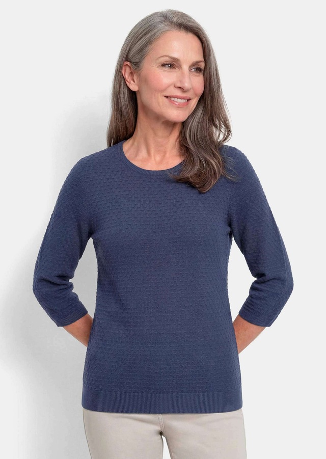 GOLDNER Rundhalspullover »Kurzgröße Halbarm Baumwollpullover mit Struktur« Rundhalsausschnitt