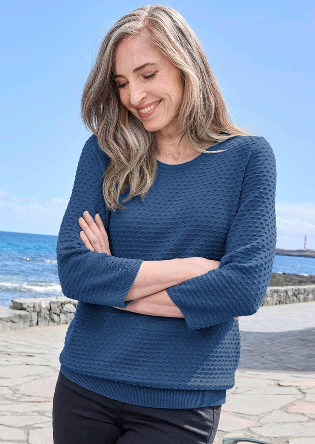 GOLDNER Rundhalspullover »Kurzgröße Halbarm Baumwollpullover mit Struktur« Rundhalsausschnitt