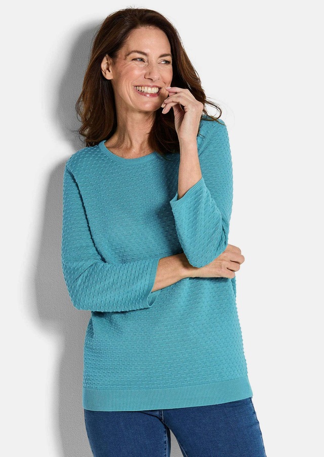 GOLDNER Rundhalspullover »Kurzgröße Halbarm Baumwollpullover mit Struktur« Rundhalsausschnitt