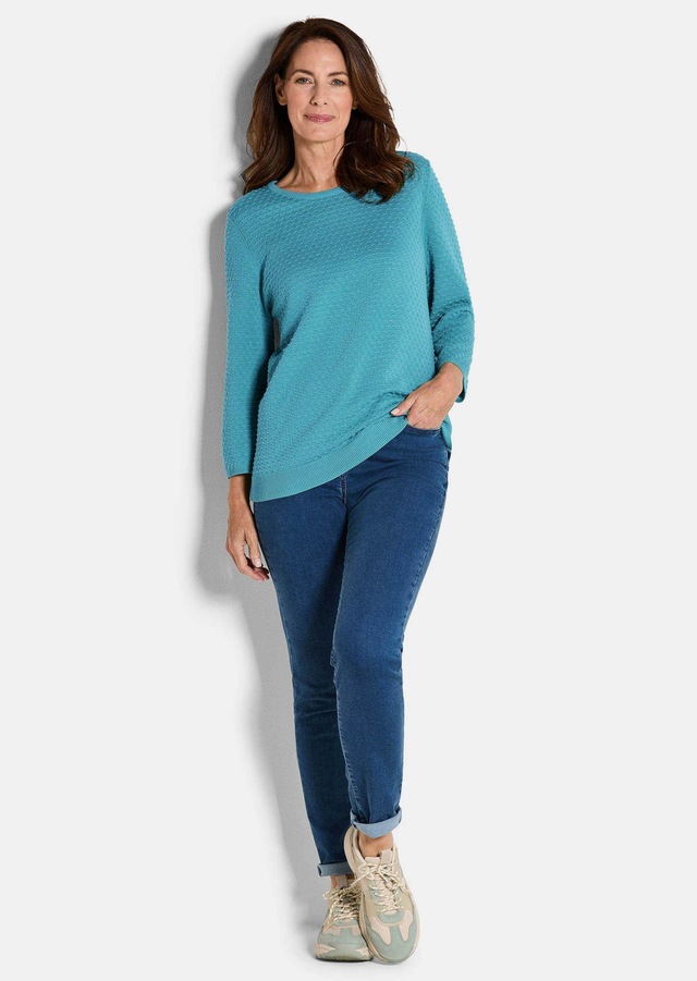 GOLDNER Rundhalspullover »Kurzgröße Halbarm Baumwollpullover mit Struktur« Rundhalsausschnitt