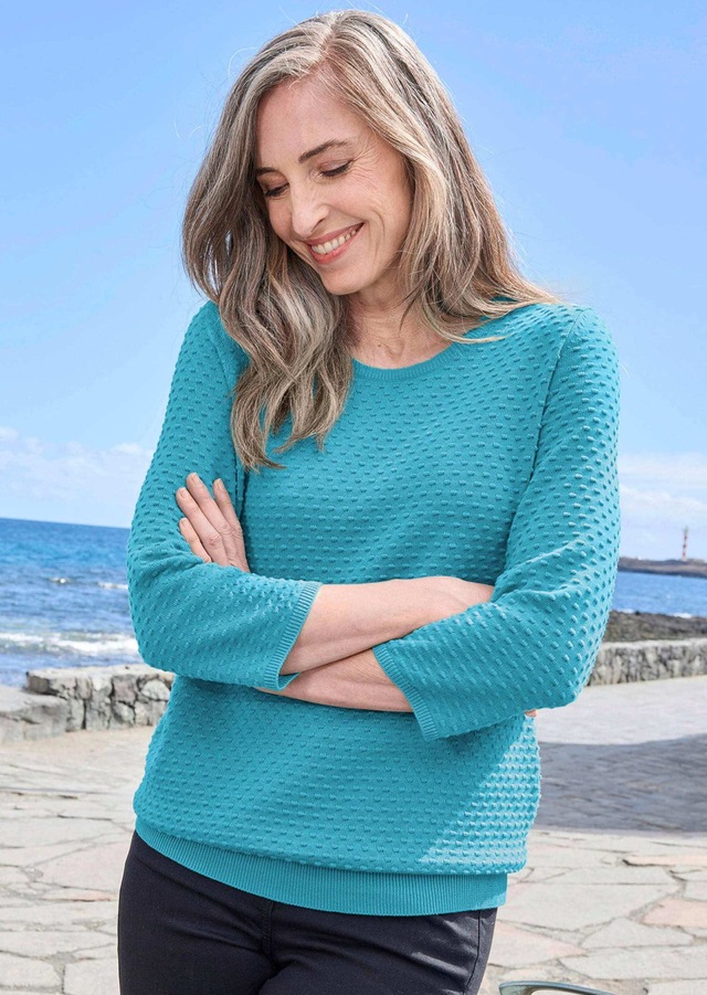 GOLDNER Rundhalspullover »Kurzgröße Halbarm Baumwollpullover mit Struktur« Rundhalsausschnitt