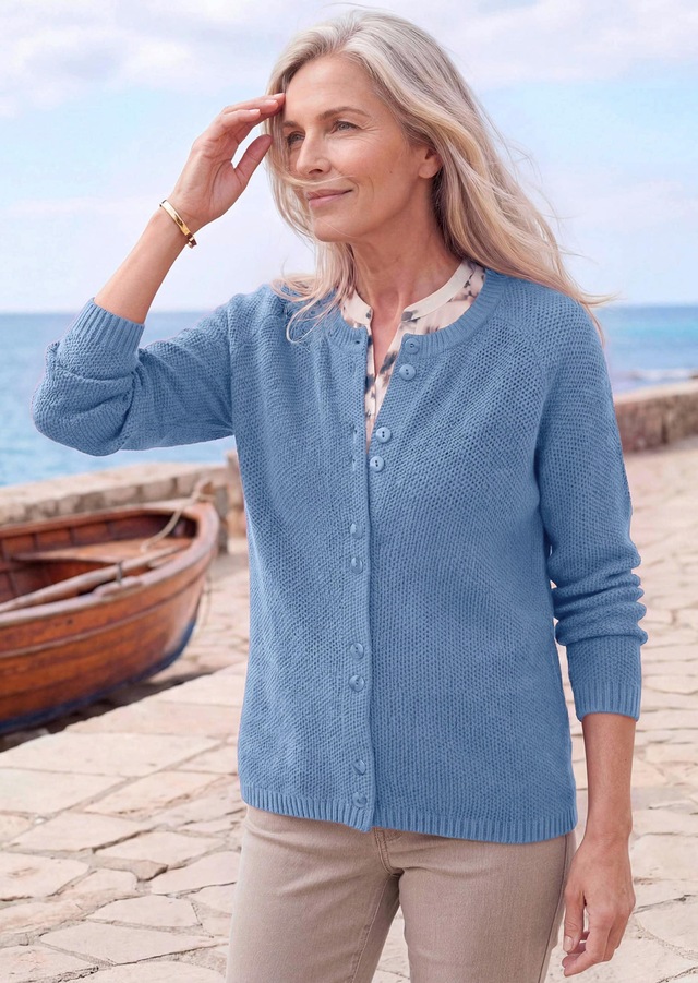 GOLDNER Strickjacke »Cardigan aus Baumwolle, Rundhals« Piqué-Optik