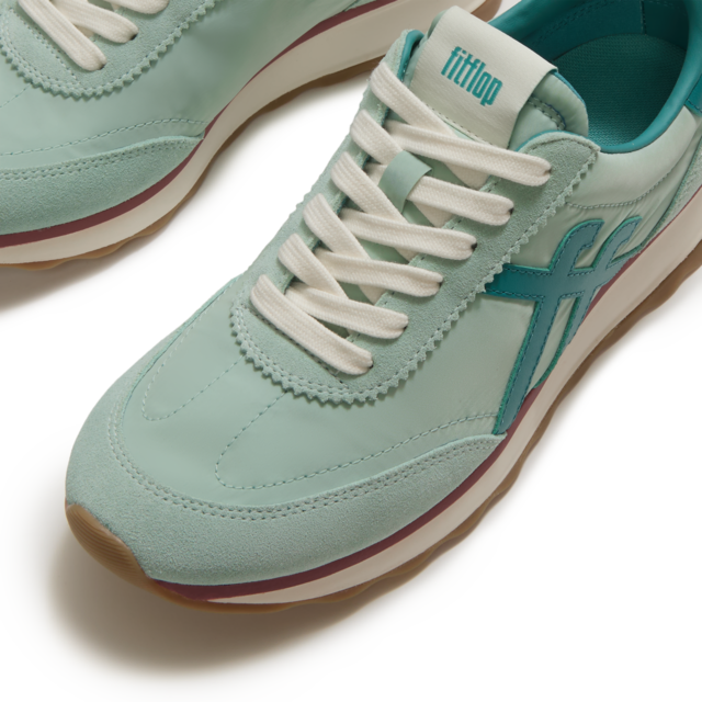 Fitflop Keilsneaker »RETRO-Q FF FABRIC/SUEDE SNEAKERS« Schnürschuh, Freizeitschuh, Halbschuh mit Kontrastbesatz