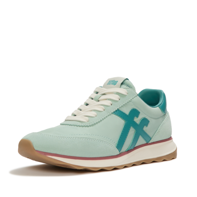 Fitflop Keilsneaker »RETRO-Q FF FABRIC/SUEDE SNEAKERS« Schnürschuh, Freizeitschuh, Halbschuh mit Kontrastbesatz
