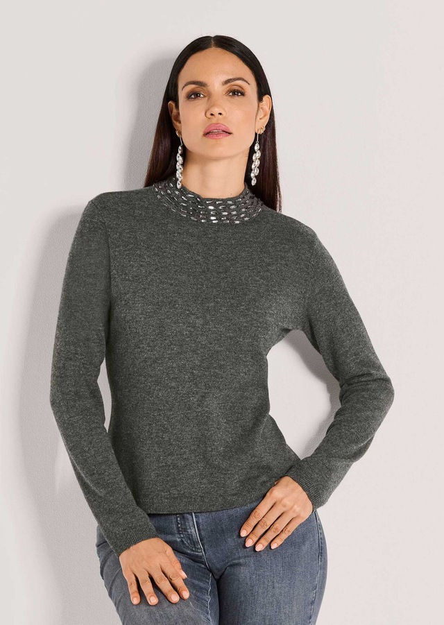 MADELEINE Longpullover »Strickpullover Eleganter Wollpullover mit Stehkragen« mit Dekosteinen