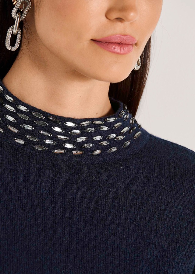 MADELEINE Longpullover »Strickpullover Eleganter Wollpullover mit Stehkragen« mit Dekosteinen