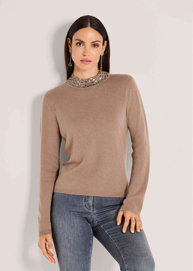 MADELEINE Longpullover »Strickpullover Eleganter Wollpullover mit Stehkragen« mit Dekosteinen