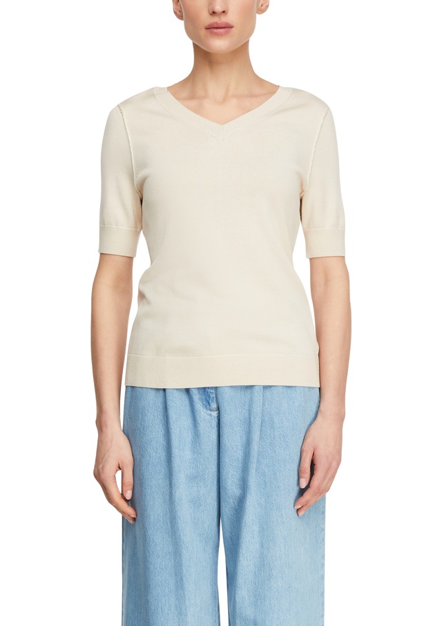 Comma Strickpullover Halbarm-Pullover mit V-Ausschnitt und Bindung im Nacken