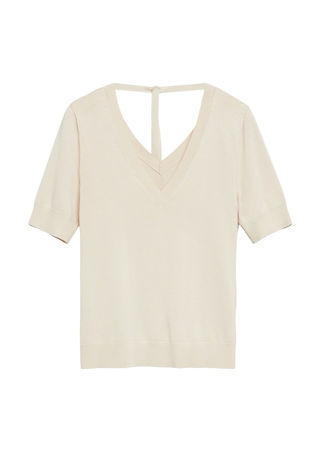 Comma Strickpullover Halbarm-Pullover mit V-Ausschnitt und Bindung im Nacken