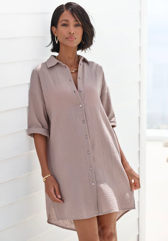 Beachtime by Lascana Longbluse »aus weicher Musselinware« lange Hemdbluse aus Musselinware, lockeres Hemdkleid, Strandkleid