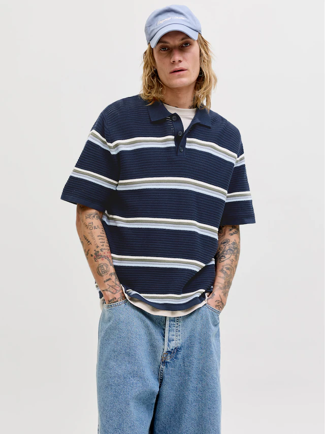 Jack & Jones Polokragenpullover »JORMAINE KNIT STRIPE POLO SN« Baumwolle, relaxed fit