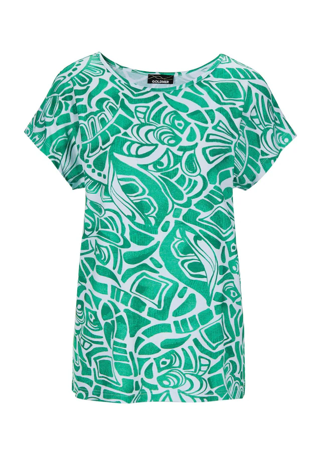 GOLDNER Print-Shirt »Kurzgröße Damen Oberteil Ethnoprint Kurzarm« Druck mit Struktureffekt