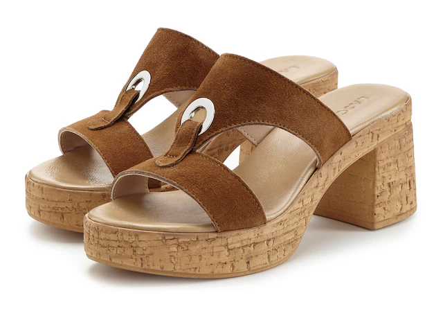 LASCANA Pantolette »Sandale, Mule, offener Schuh, Sommerschuh,« aus Leder mit Blockabsatz in Kork-Optik