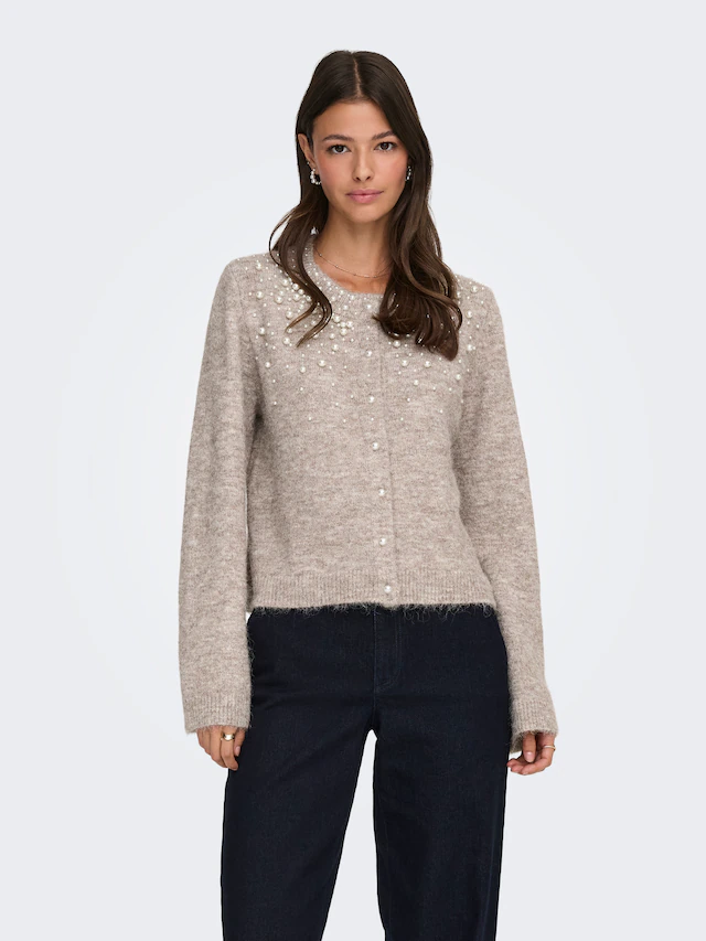 ONLY Strickjacke »ONLMIGGIE LS O-NECK PEARL CARDIGA EX KNT« Materialmix, regular fit