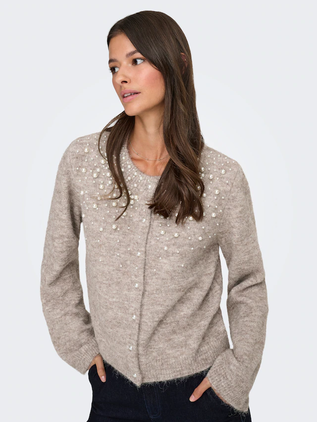 ONLY Strickjacke »ONLMIGGIE LS O-NECK PEARL CARDIGA EX KNT« Materialmix, regular fit