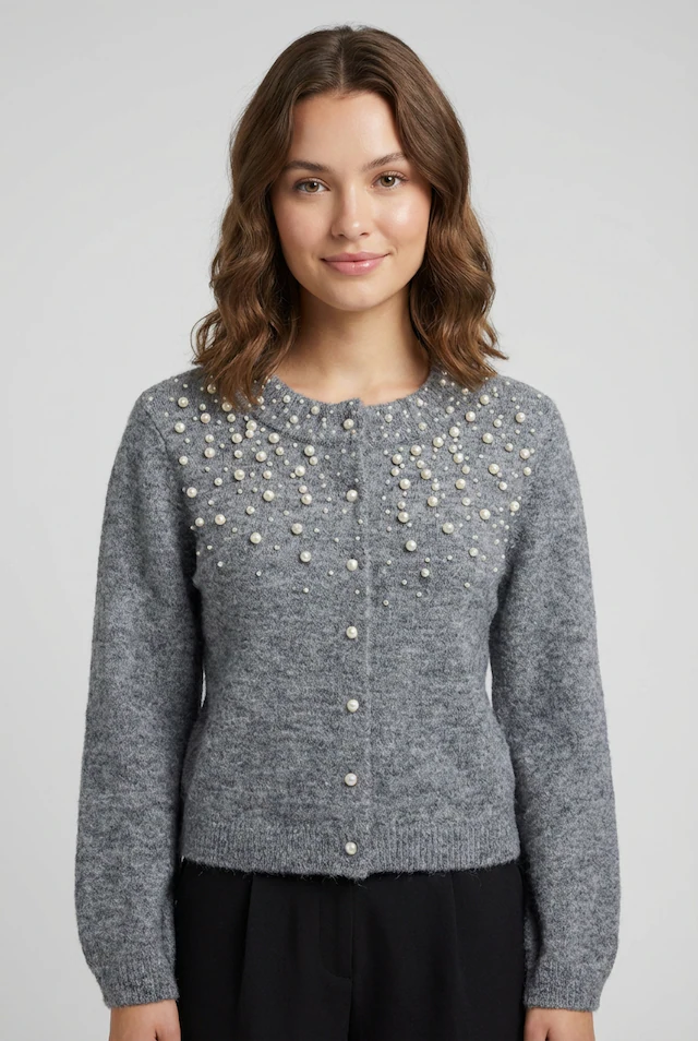 ONLY Strickjacke »ONLMIGGIE LS O-NECK PEARL CARDIGA EX KNT« Materialmix, regular fit