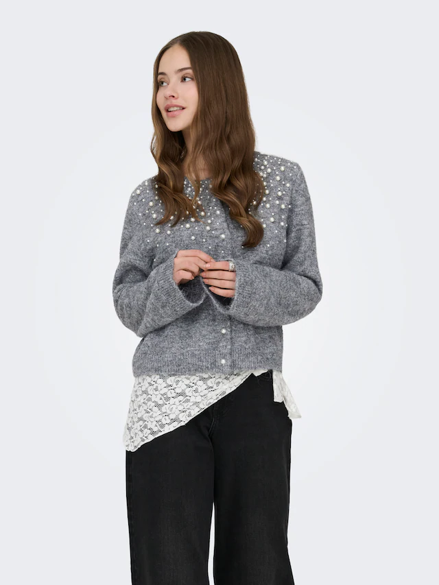ONLY Strickjacke »ONLMIGGIE LS O-NECK PEARL CARDIGA EX KNT« Materialmix, regular fit