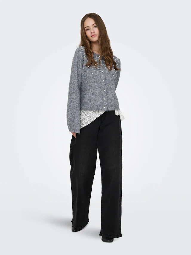 ONLY Strickjacke »ONLMIGGIE LS O-NECK PEARL CARDIGA EX KNT« Materialmix, regular fit